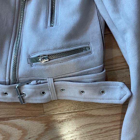 Zara Basic NWOT Blush Pink Biker Jacket zippers belt medium faux suede boho - Picture 6 of 11